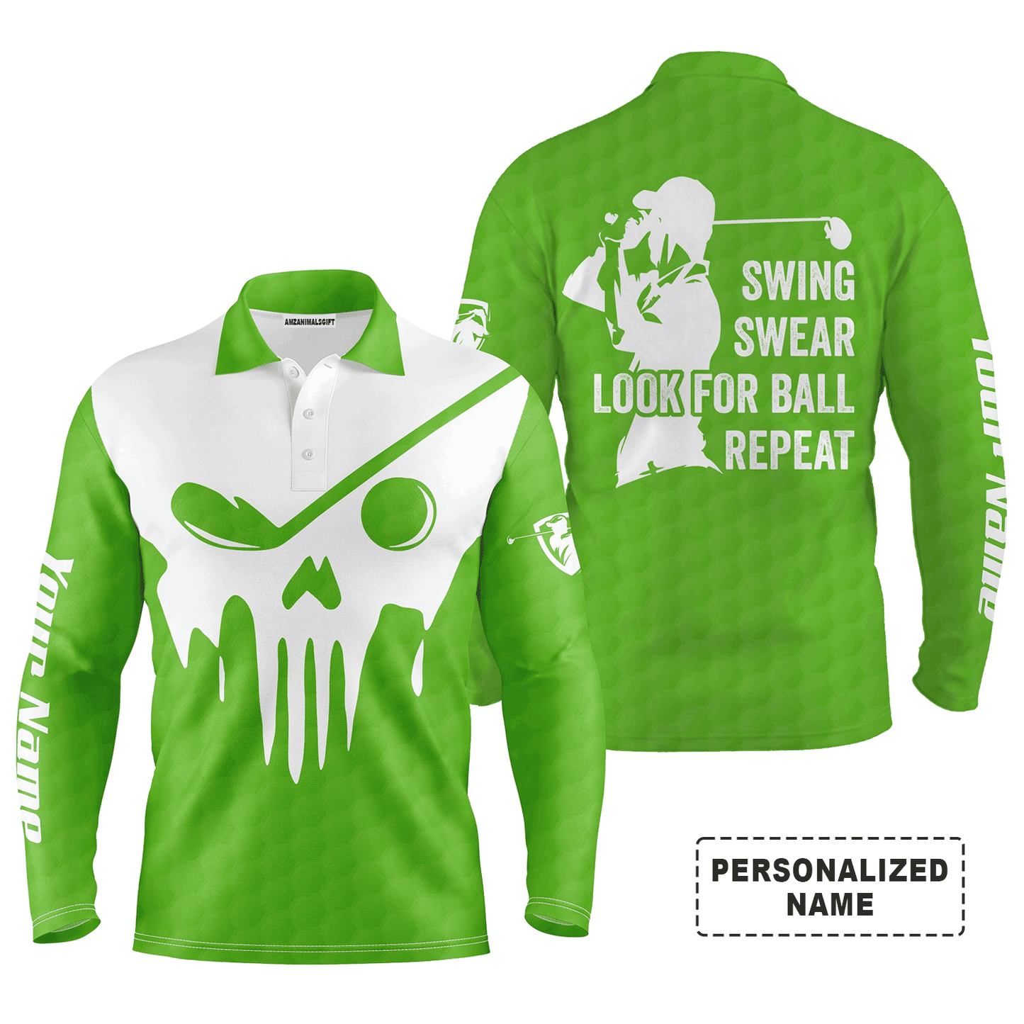 Golf Men Polo Shirt - Custom Name Multicolor Golf Skull - Swing Swear Look For Ball Repeat Men Polo Shirt - Perfect Polo Shirt For Men, Golfers