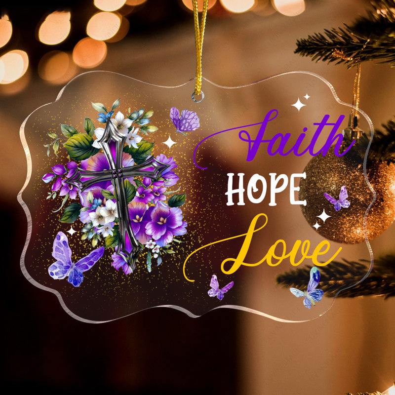 Purple Flower Cross Butterfly Faith Hope Love Acrylic Ornament, Christmas Gift For Family, Friends, Holiday Decor