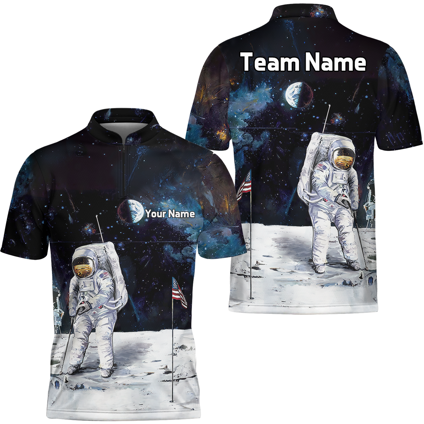 Men Polo Shirt - Astronaut Moon Golf Men Polo Shirt, Short Sleeve Polo Shirt - Gift For Golfer - American Flag Men Polo Shirt