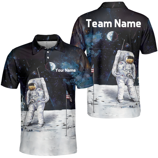 Men Polo Shirt - Astronaut Moon Golf Men Polo Shirt, Short Sleeve Polo Shirt - Gift For Golfer - American Flag Men Polo Shirt