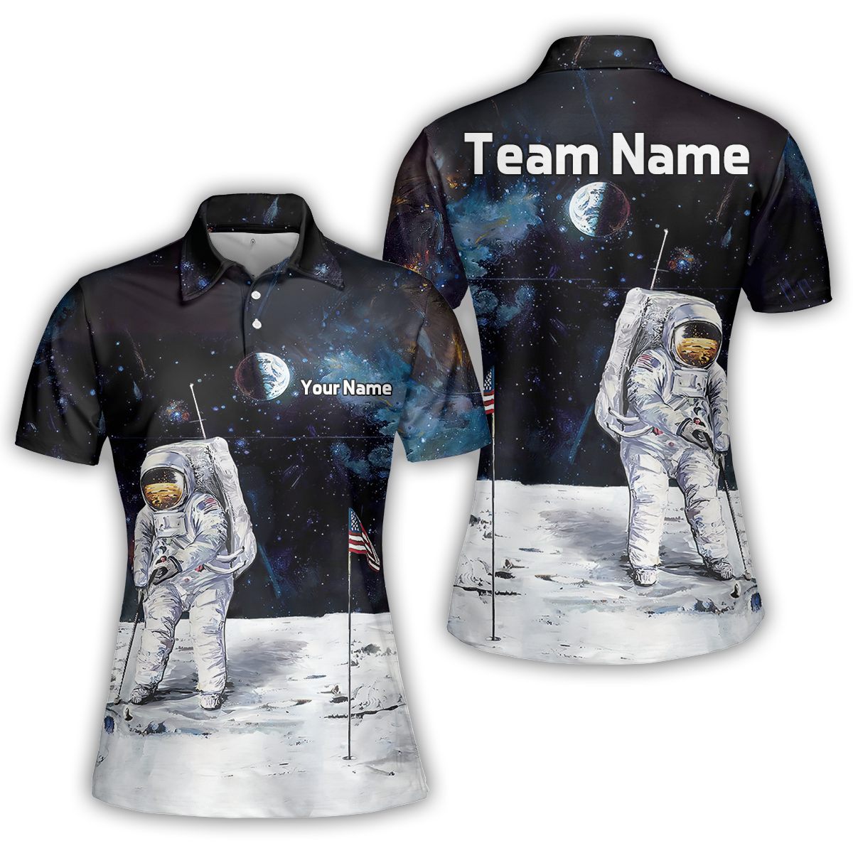 Men Polo Shirt - Astronaut Moon Golf Men Polo Shirt, Short Sleeve Polo Shirt - Gift For Golfer - American Flag Men Polo Shirt