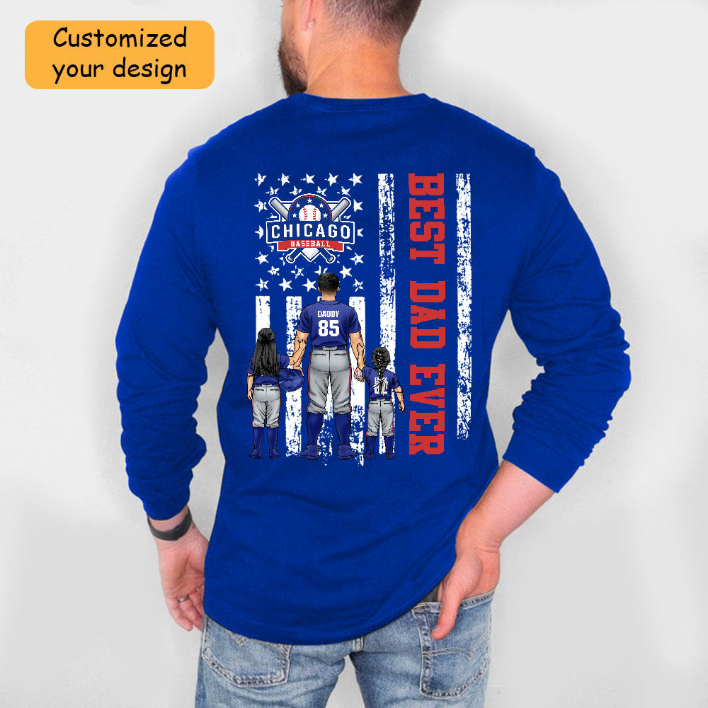 Personalized Chicago Baseball Family Dad T-Shirt, American Flag Best Dad Ever Shirt, 4th July Outfit For Dad, Family