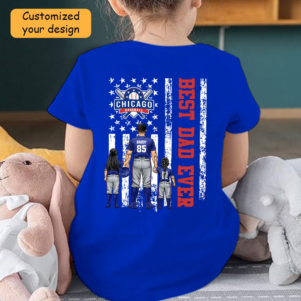Personalized Chicago Baseball Family Dad T-Shirt, American Flag Best Dad Ever Shirt, 4th July Outfit For Dad, Family