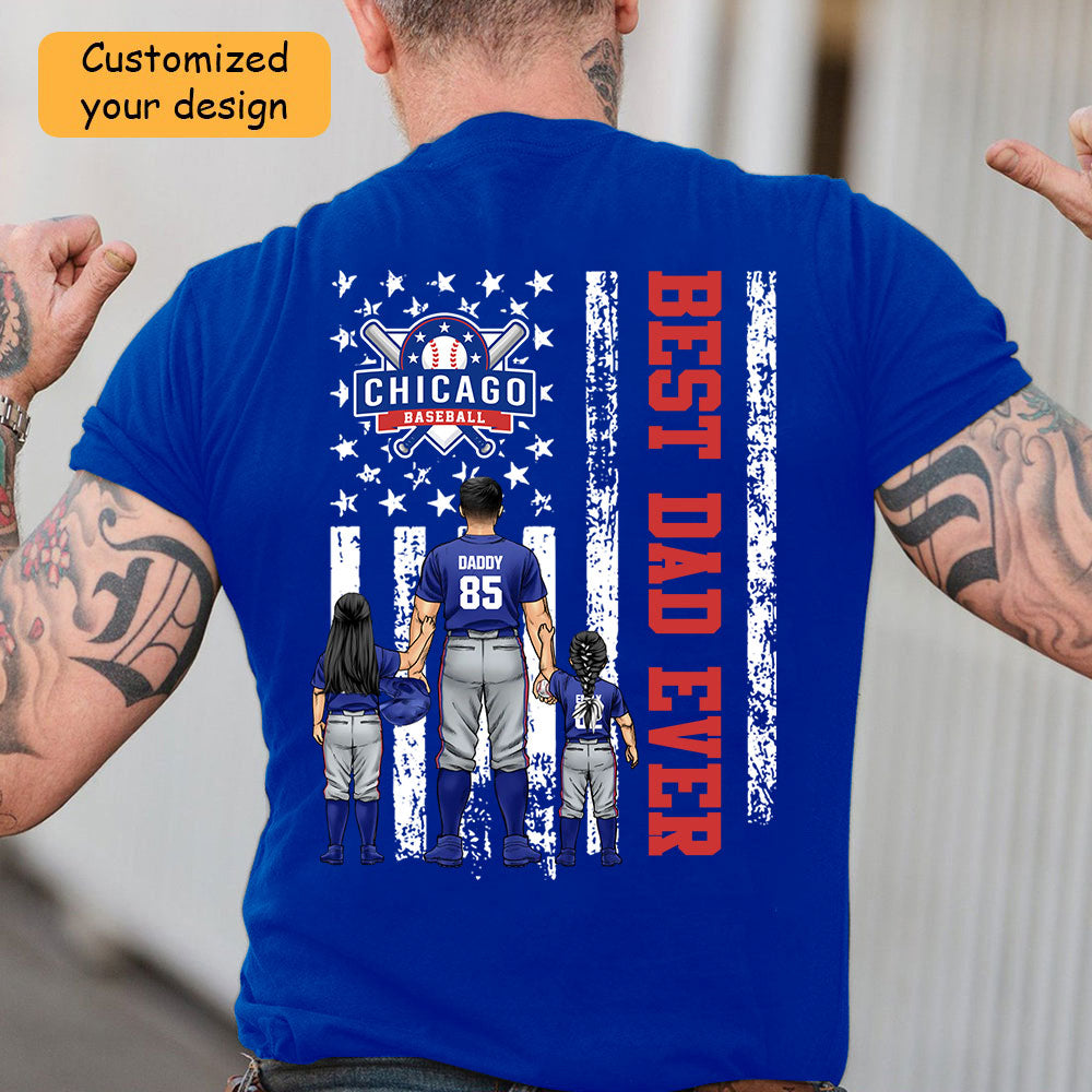 Personalized Chicago Baseball Family Dad T-Shirt, American Flag Best Dad Ever Shirt, 4th July Outfit For Dad, Family