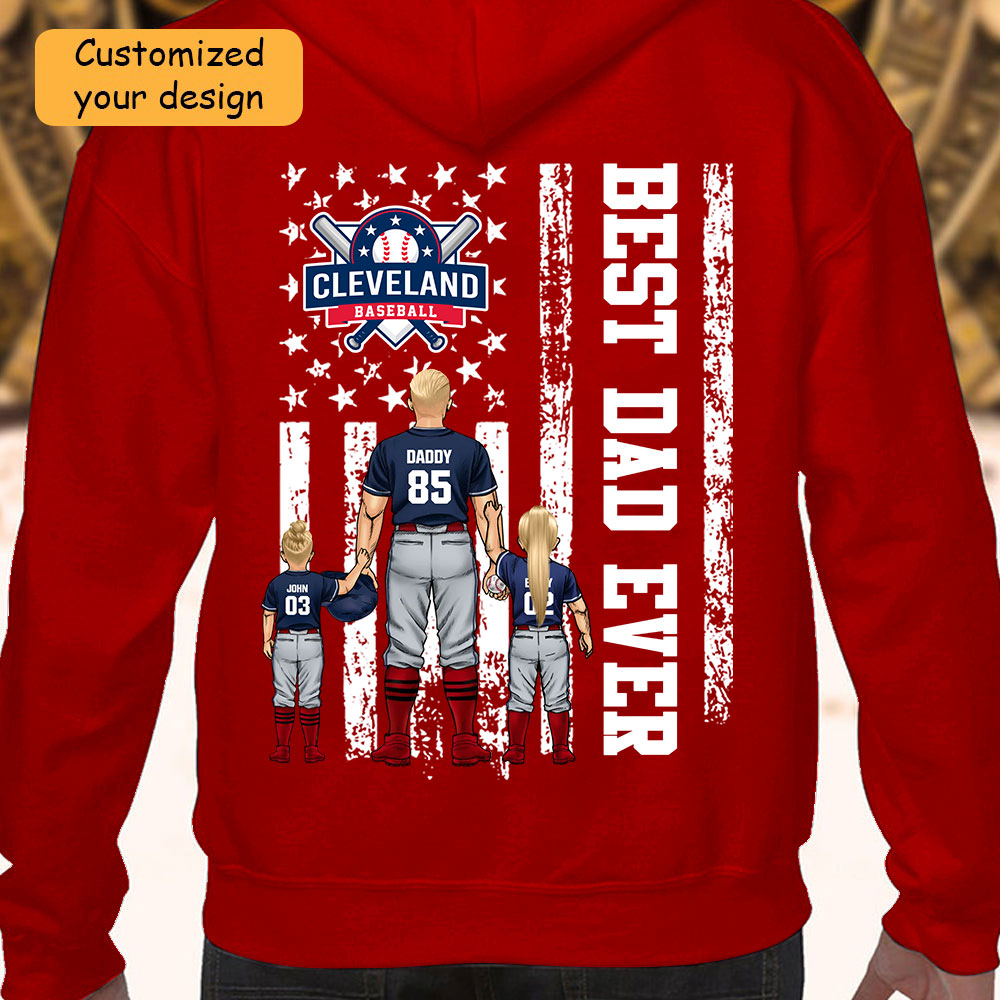 Personalized Cleveland Baseball Family Dad T-Shirt, American Flag Best Dad Ever Shirt, 4th July Outfit For Dad, Family