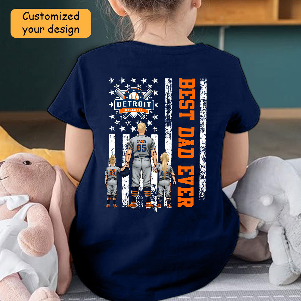 Personalized Detroit Baseball Family Dad T-Shirt, American Flag Best Dad Ever Shirt, 4th July Outfit For Dad, Family