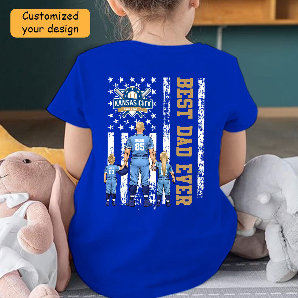 Personalized Kansas City Baseball Family Dad T-Shirt, American Flag Best Dad Ever Shirt, 4th July Outfit For Dad, Family