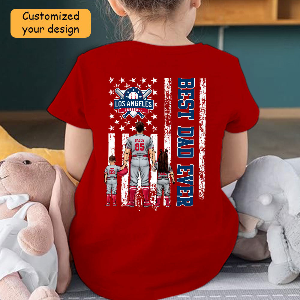 Personalized Los Angeles Baseball Family Dad T-Shirt, American Flag Best Dad Ever Shirt, 4th July Outfit For Dad, Family