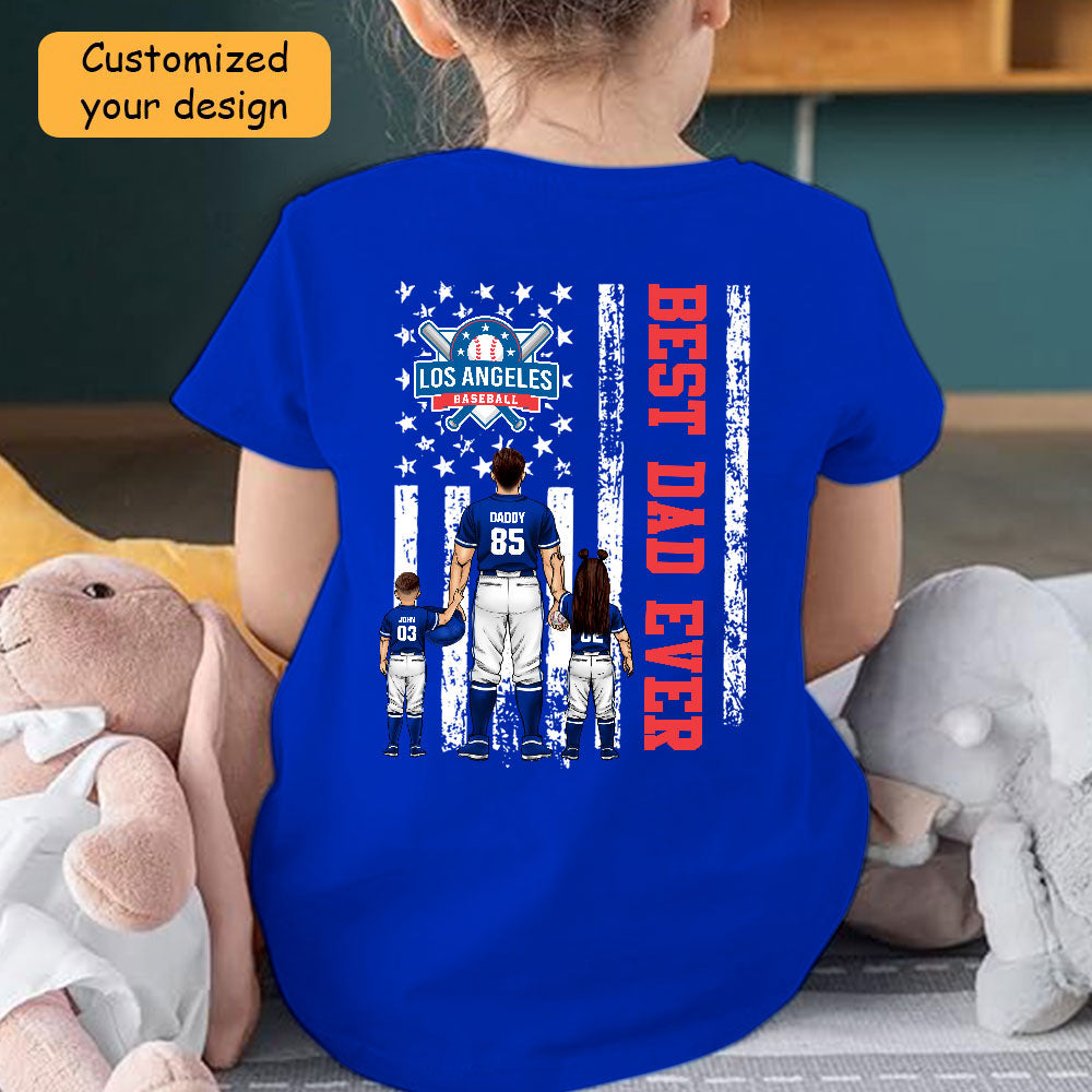 Personalized Los Angeles D Baseball Family Dad T-Shirt, American Flag Best Dad Ever Shirt, 4th July Outfit For Dad, Family