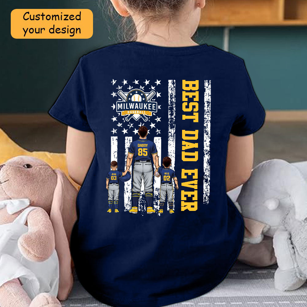 Personalized Milwaukee Baseball Family Dad T-Shirt, American Flag Best Dad Ever Shirt, 4th July Outfit For Dad, Family