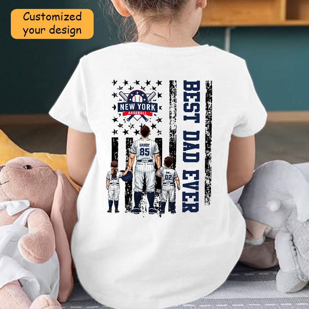 Personalized New York Y Baseball Family Dad T-Shirt, American Flag Best Dad Ever Shirt, 4th July Outfit For Dad, Family