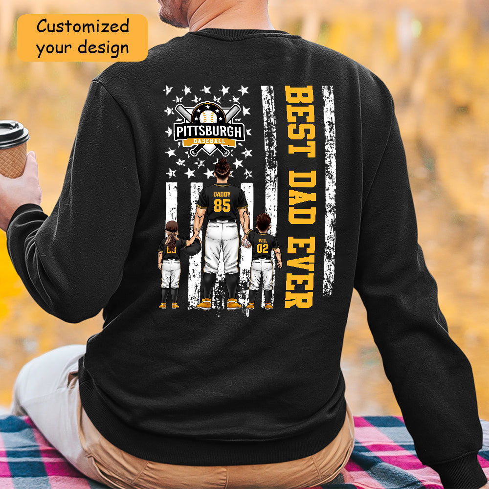 Personalized Pittsburgh Baseball Family Dad T-Shirt, American Flag Best Dad Ever Shirt, 4th July Outfit For Dad, Family