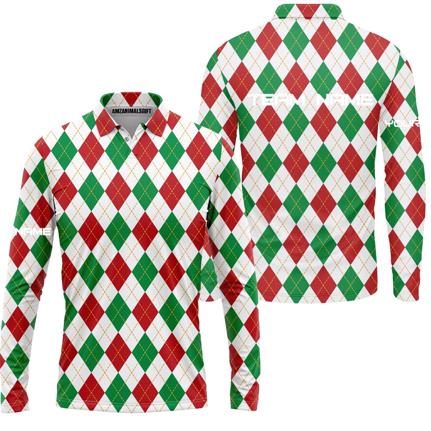 Christmas Plaid Argyle Pattern Golf Long Sleeve Polo Shirt New- Custom Name Apparel - Personalized Gift For Golf Lover, Team