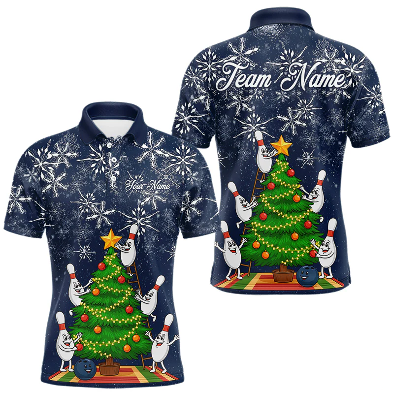 Custom Funny Christmas Tree nowflake Bowling Polo Shirts, Christmas Bowling uniforms - Bowling Polo Personalized Name And Team Name