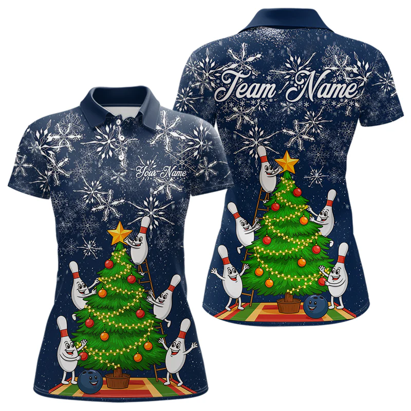 Custom Funny Christmas Tree nowflake Bowling Polo Shirts, Christmas Bowling uniforms - Bowling Polo Personalized Name And Team Name