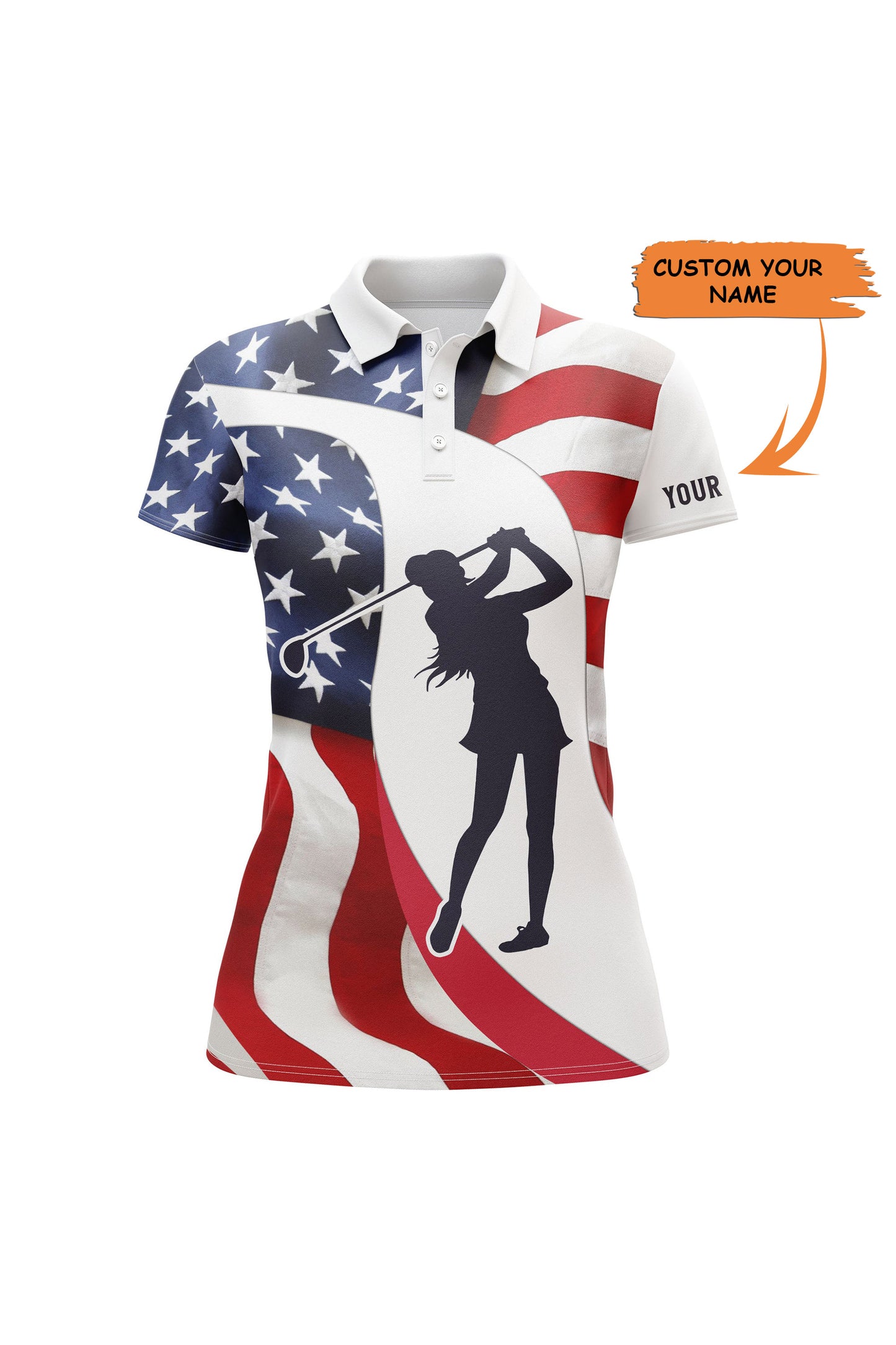 Golf Polo Shirts For Women American Flag Patriotic 4th July Custom Name Golf Shirt, Golfer Gifts