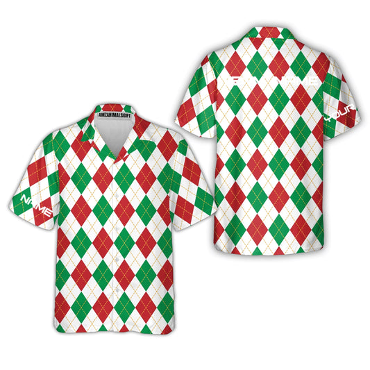 Christmas Plaid Argyle Pattern Golf Hawaiian Shirt   - Custom Name Apparel - Personalized Gift For Golf Lover, Team