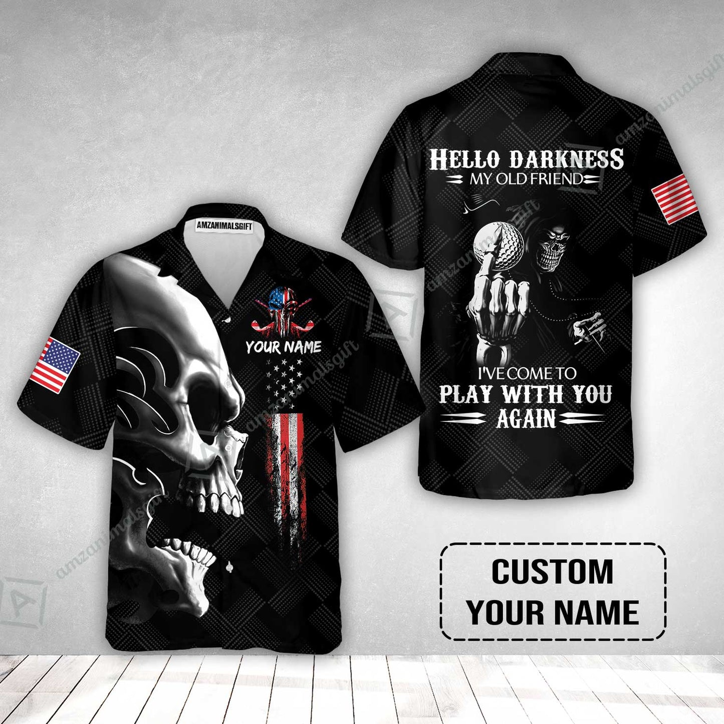 Personalized Golf Hawaiian Shirt- Custom Name Skull Shirt, Golf American Flag Hello Darkness My Old Friend Hawaiian Shirt