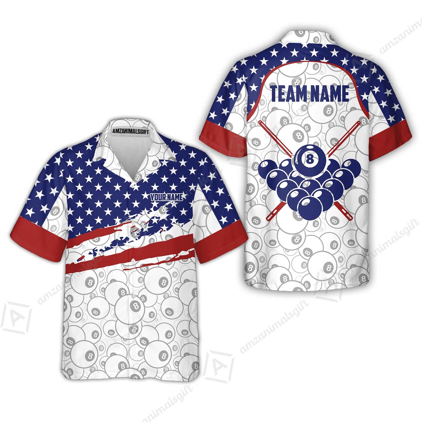 Customized 8 Ball Pool Hawaiian Shirt, American Star Flag Billiard 8-Ball, Personalized Billiards Jersey