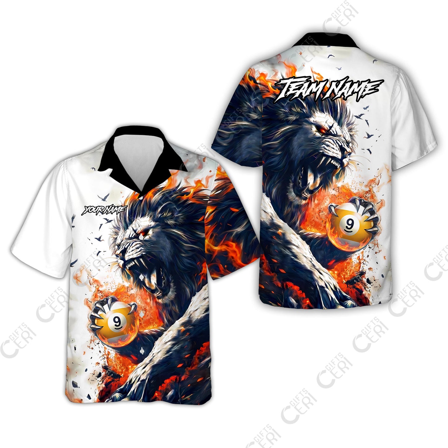 Customized 9 Ball Pool Hawaiian Shirt, Lion Fire Lava 9-Ball, Personalized Billiards Jersey