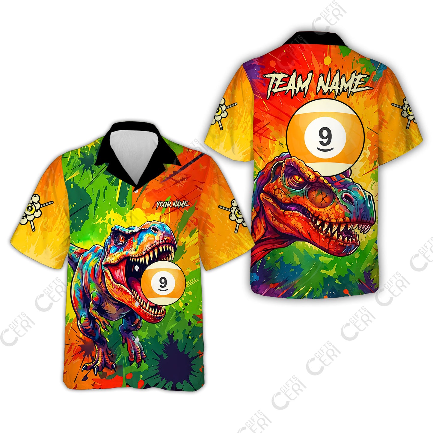 Customized 9 Ball Pool Hawaiian Shirt, Dinosaur Colorful Splash Paint Billiard 9-Ball, Personalized Billiards Jersey