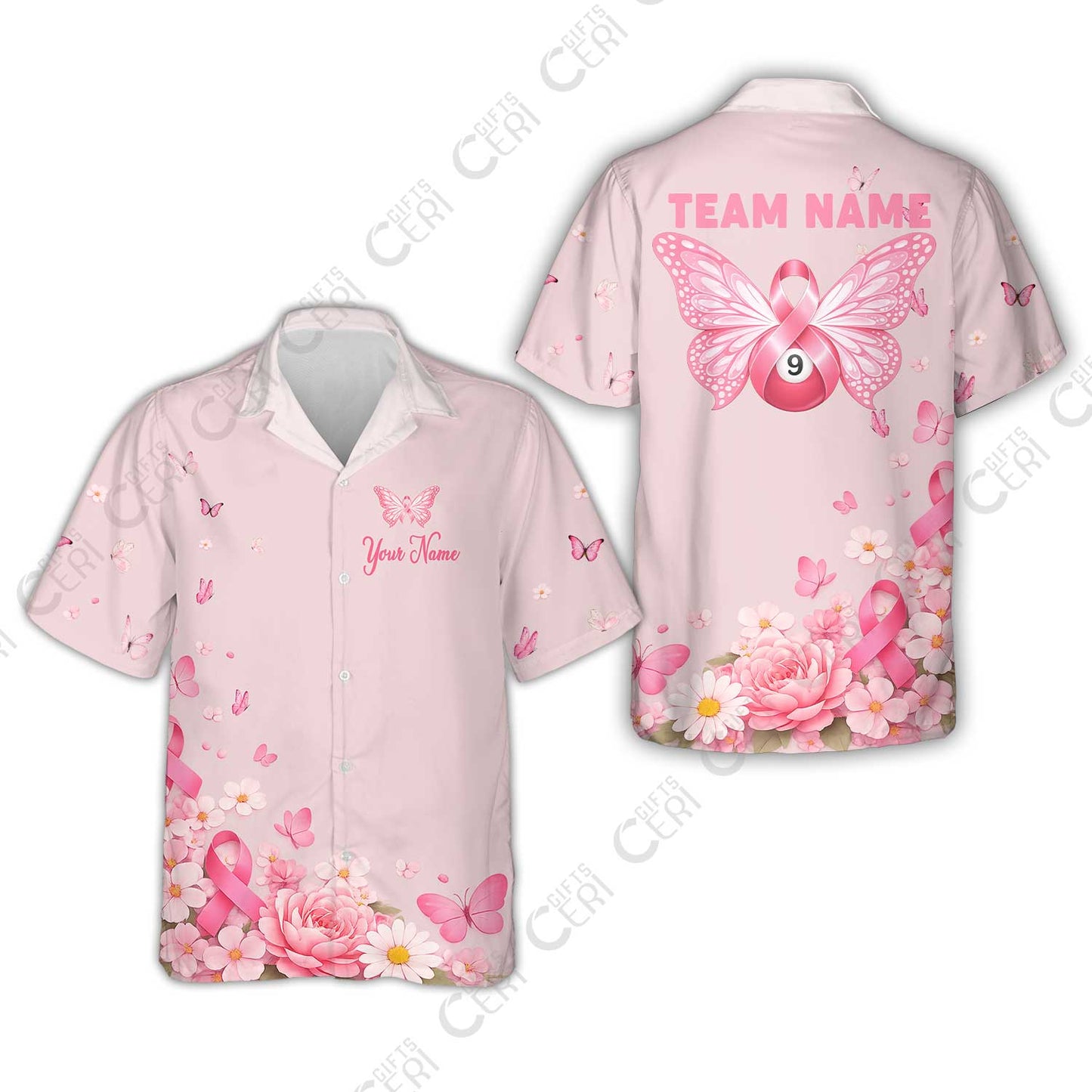 Customized 9 Ball Pool Hawaiian Shirt, Floral Butterfly Billiards 9-Ball, Personalized Billiards Jersey