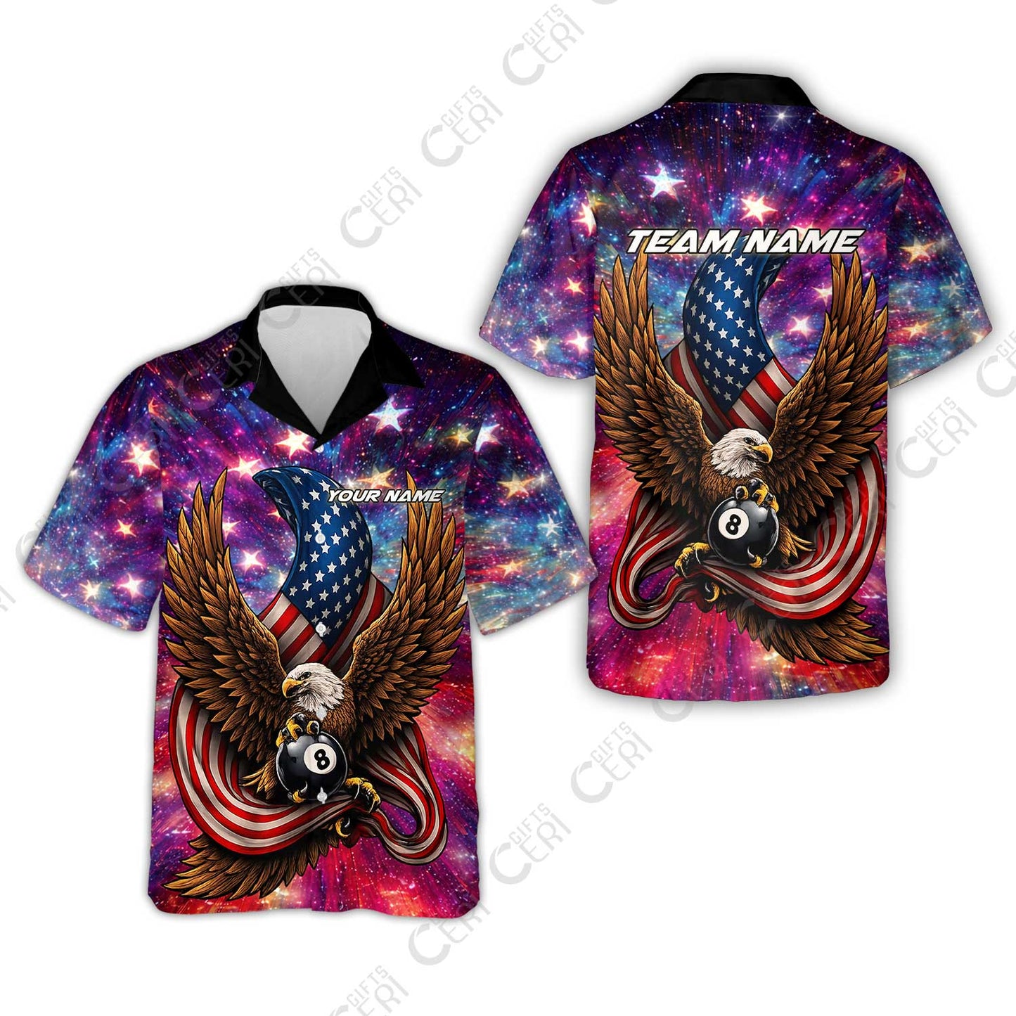 Customized 8 Ball Pool Hawaiian Shirt, Billiard American Flag Galactic Eagle, Billiards Jerseys