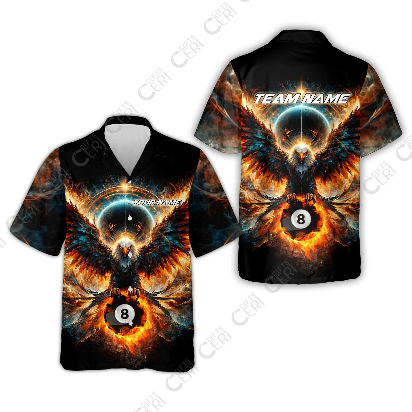 Customized 8 Ball Pool Hawaiian Shirt, Billiard Phantom 8-Ball Flame Eagle, Billiards Jerseys