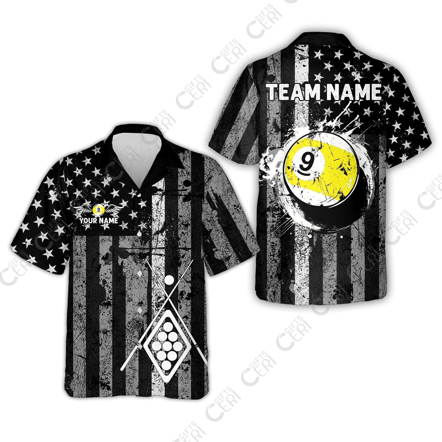 Customized 9 Ball Pool Hawaiian Shirt, Distressed American Flag Pattern, Billiards Jerseys