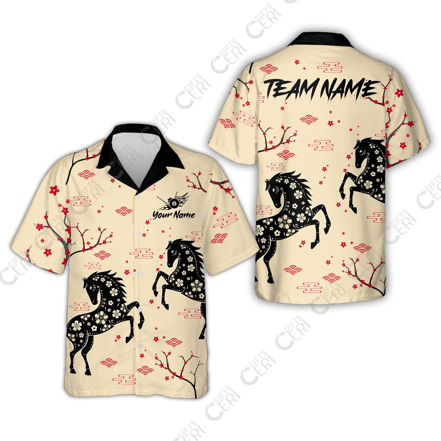 Customized 8 Ball Pool Hawaiian Shirt, Floral Pattern Horse Cherry Blossom, Personalized Billiards Jersey