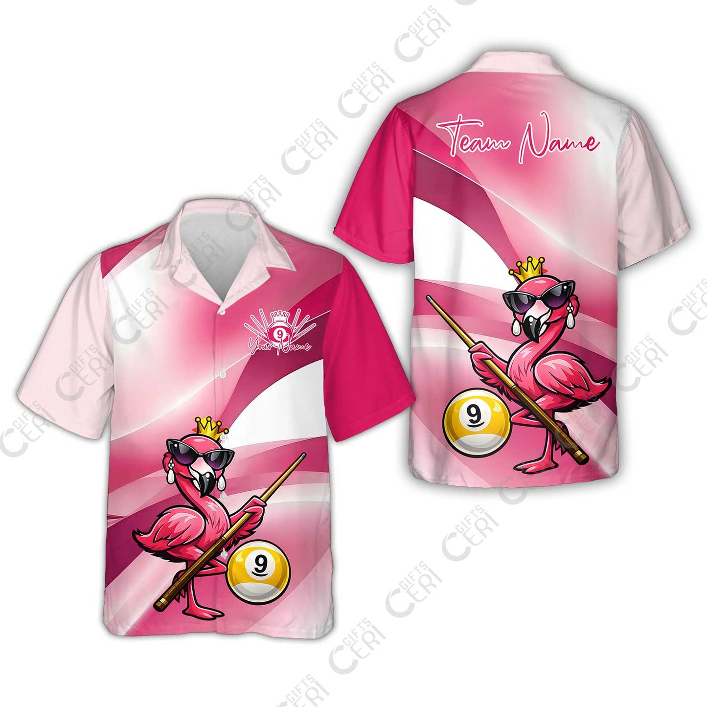 Customized 9 Ball Pool Hawaiian Shirt, Pink Flamingo Billiards 9-Ball, Personalized Billiards Jersey
