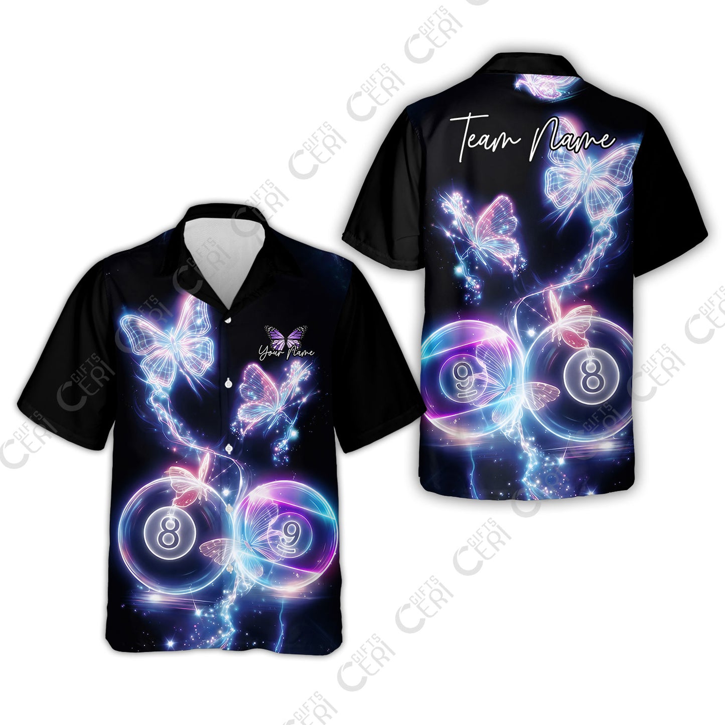 Customized Billiards Hawaiian Shirt, 8 & 9 Ball Neon Butterfly Galaxy Jersey, Billiards Jerseys