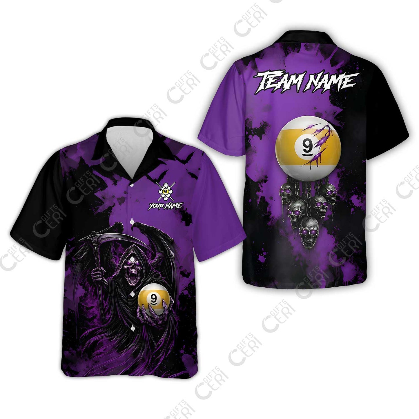 Customized 9 Ball Pool Hawaiian Shirt, Billiard Death Skull Paint Splash 9-Ball, Billiards Jersey