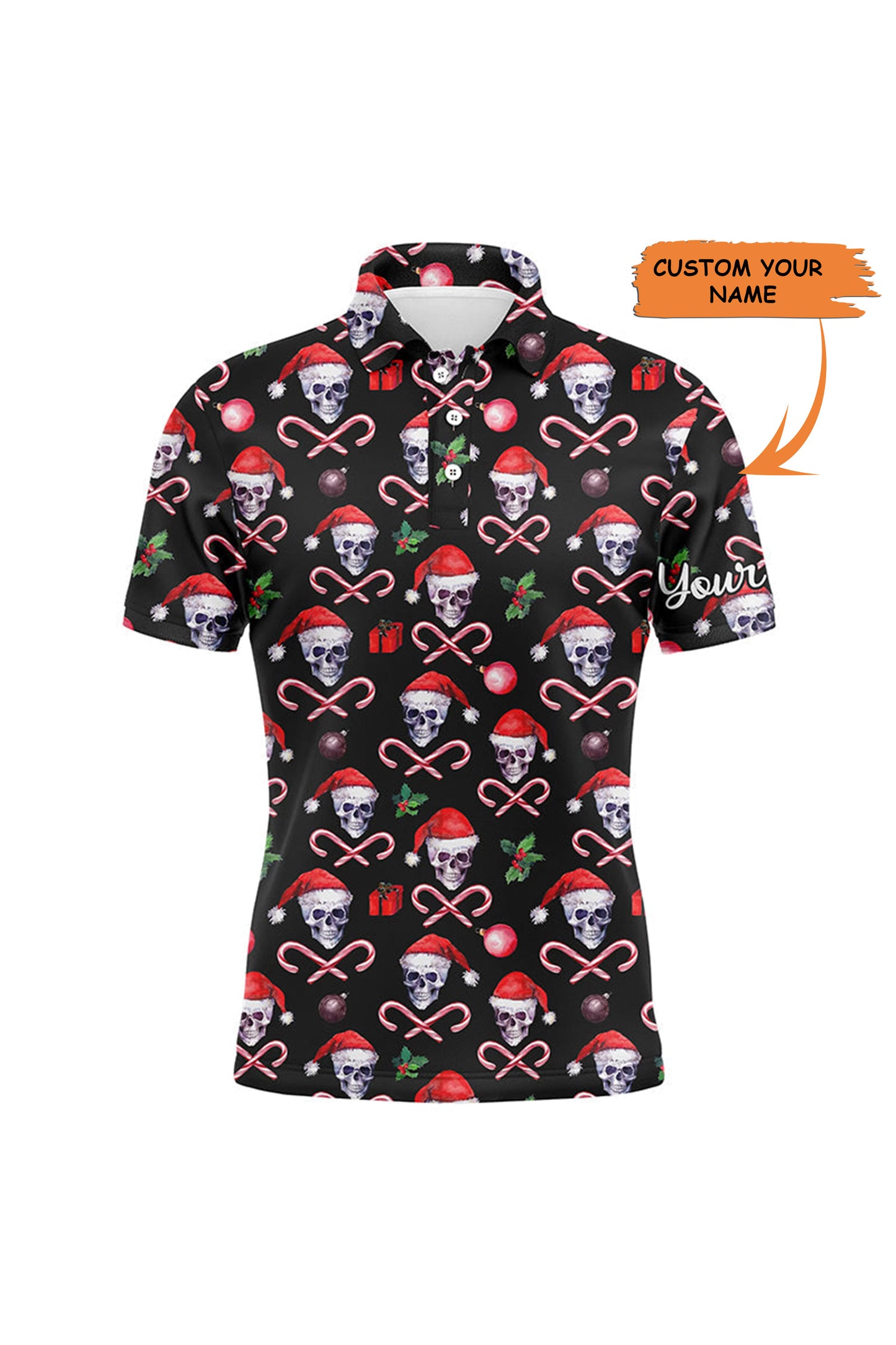 Golf Men Polo Shirt - Funny Black Christmas Skull Pattern Custom Name Apparel - Personalized Gift For Golf Lover, Team