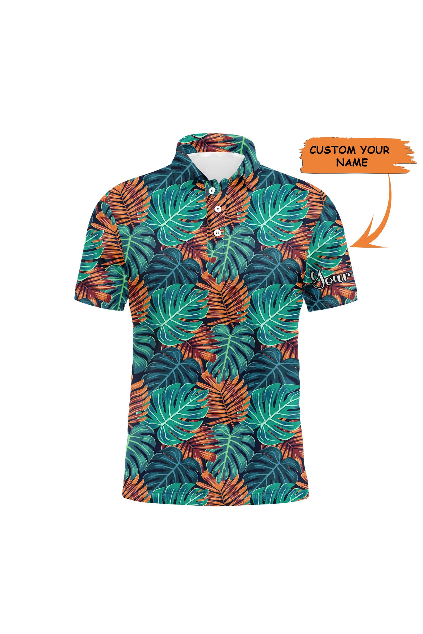 Monstera And Palm Leaves Nature Tropical Pattern Custom Name Golf Men Polo Shirt - Personalized Gift For Golf Lover, Team, Golfer