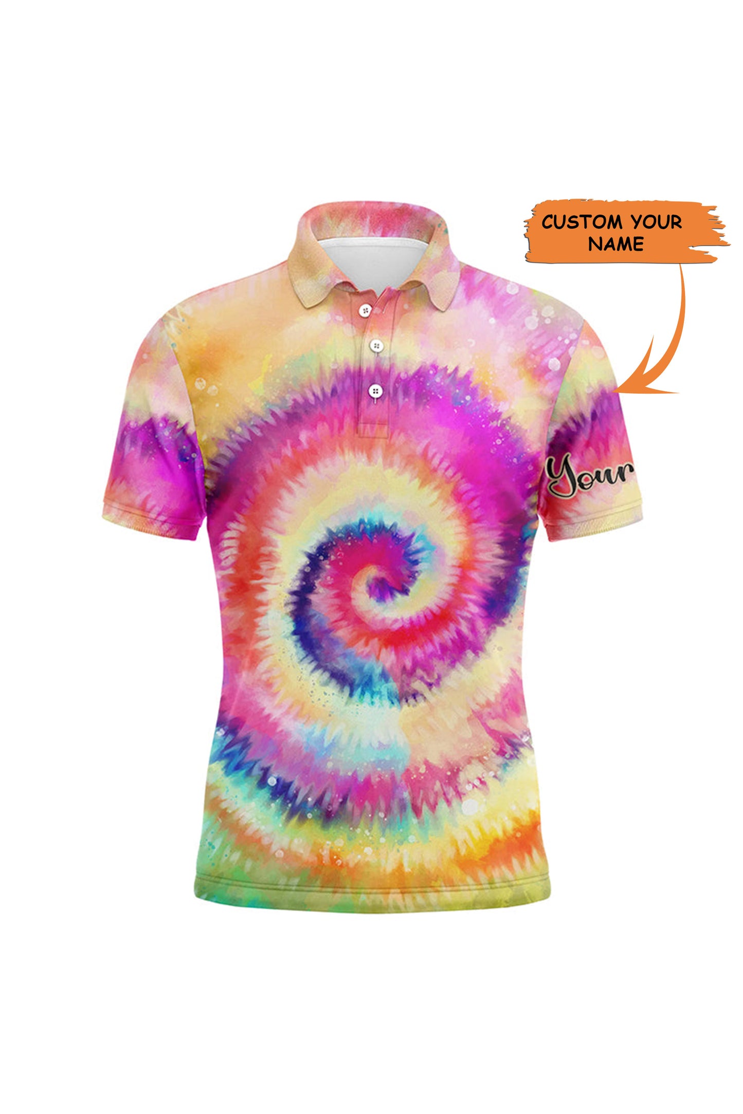 Golf Men Polo Shirt - Rainbow Tie Dye Background Custom Name Apparel - Personalized Gift For Golf Lover, Men, Dad, Team, Husband, Boyfriend