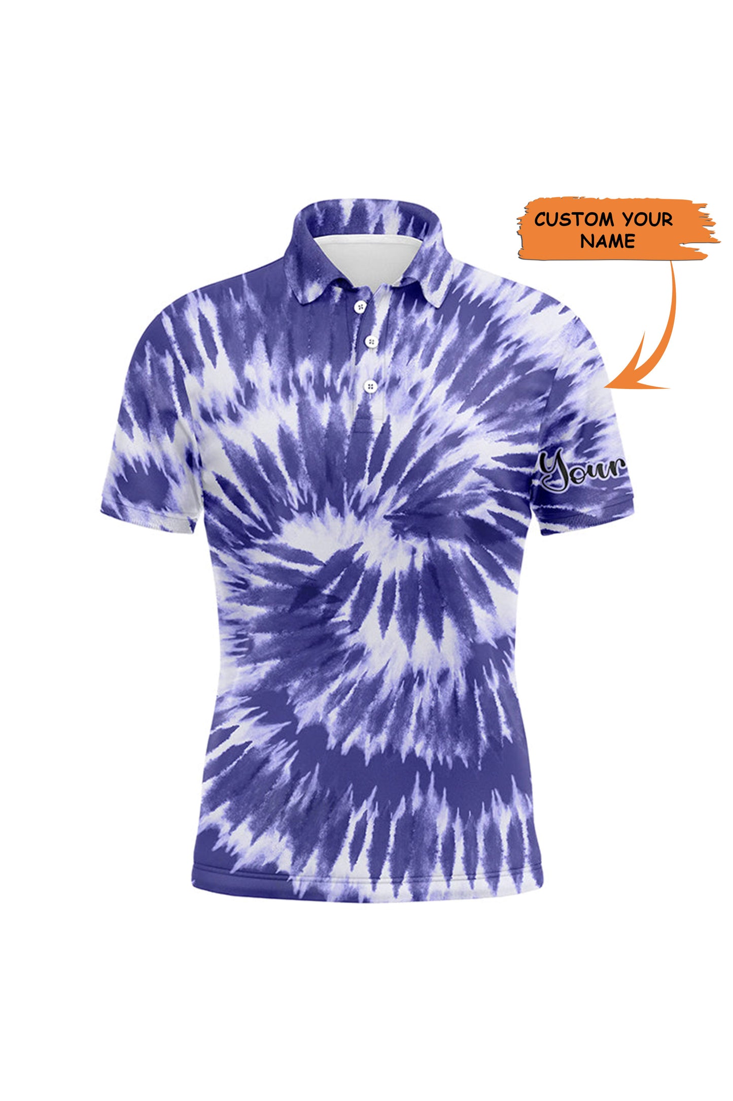 Golf Men Polo Shirt - Custom Name Violet Purple Tie Dye Background Apparel - Personalized Gift For Golf Lover, Male, Husband, Team Golf