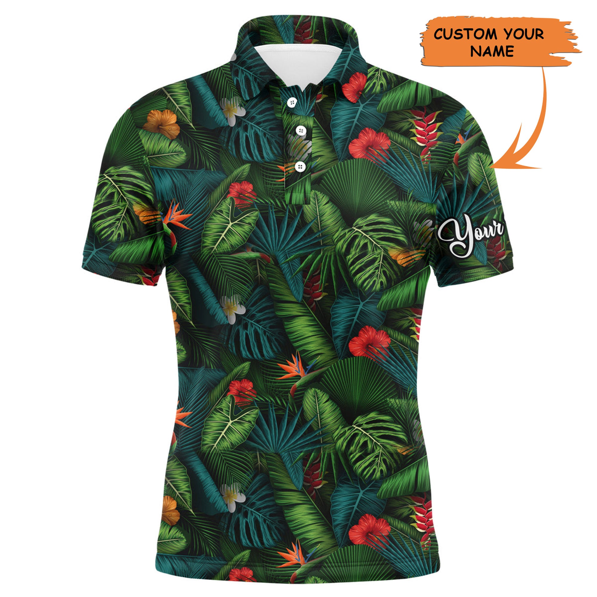 Tropical Summer Leaves Background Custom Name Golf Men Polo Shirt - Personalized Gift For Golf Lover, Team, Golfer