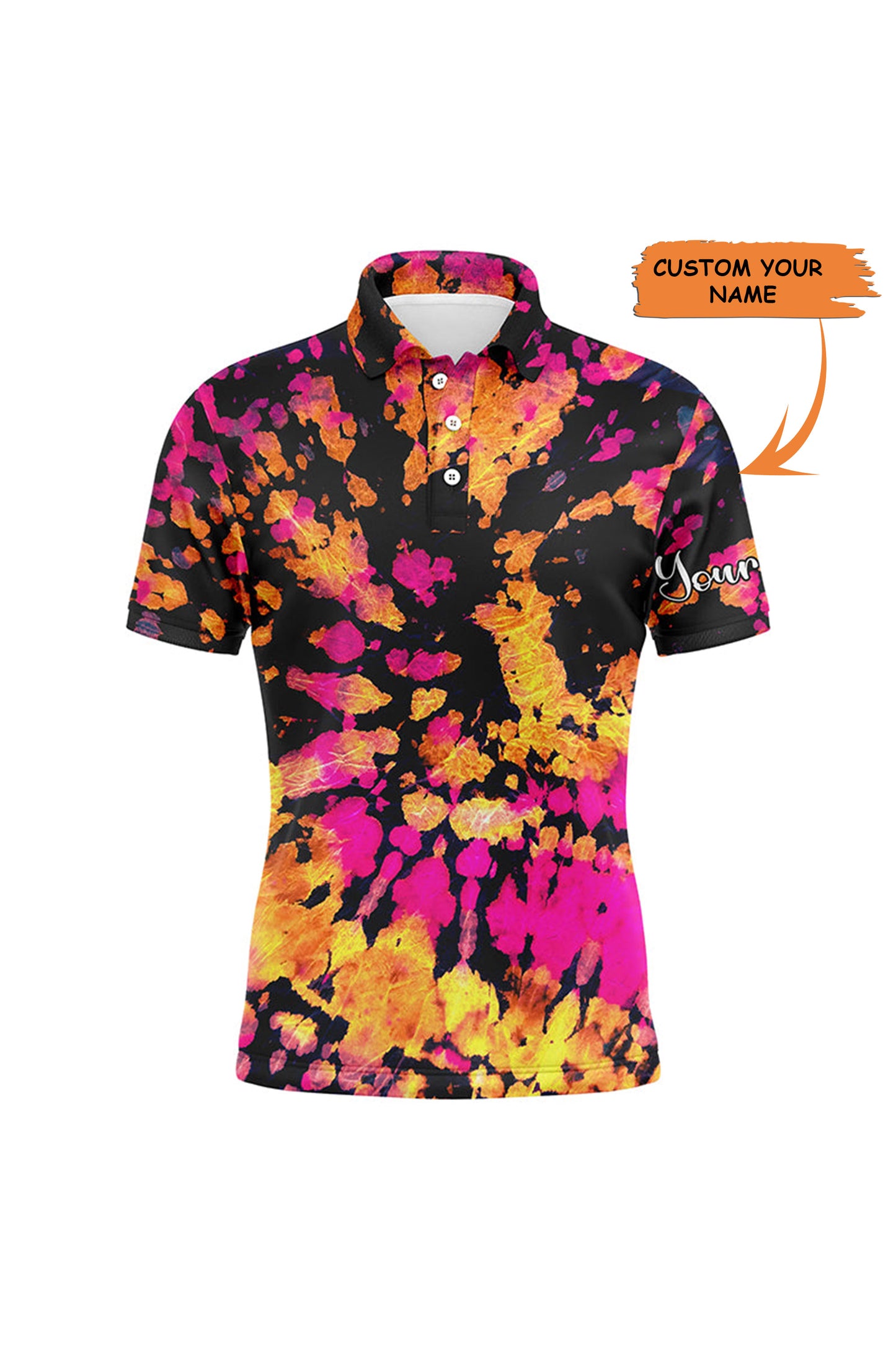 Golf Men Polo Shirt - Yellow Pink Black Tie Dye Pattern Custom Name Apparel - Personalized Gift For Golf Lover, Team, Male Players, Golfer