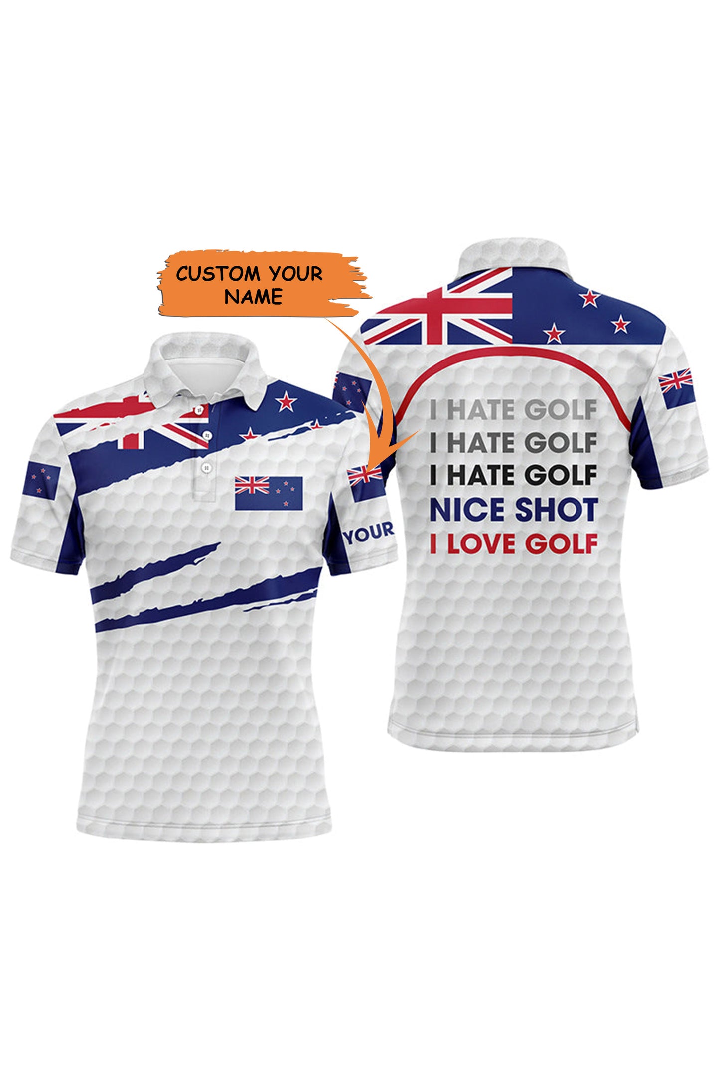 Golf Men Polo Shirt - Custom Name Zealand Flag Apparel - Personalized Gift For Golf Lover, Men, Team, Patriot - New I Hate Golf Nice Shot I Love Golf