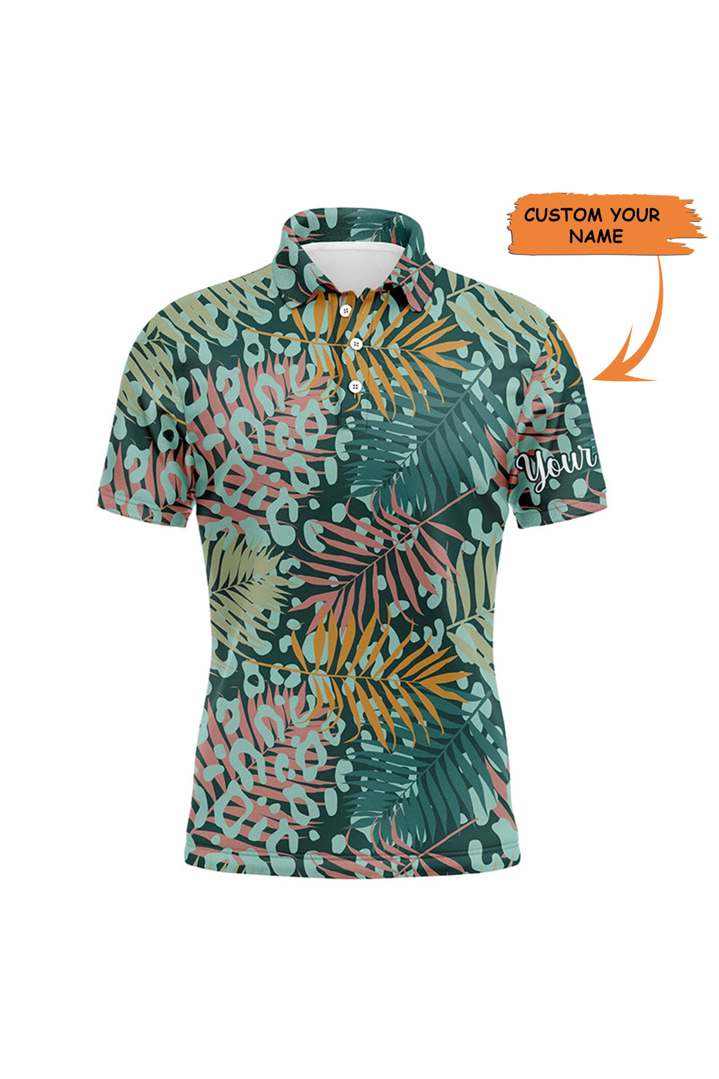 Golf Men Polo Shirt - Green Tropical Pattern With Palm Leopard Custom Name Apparel - Personalized Gift For Golf Lover, Men, Team, Husband, Boyfriend