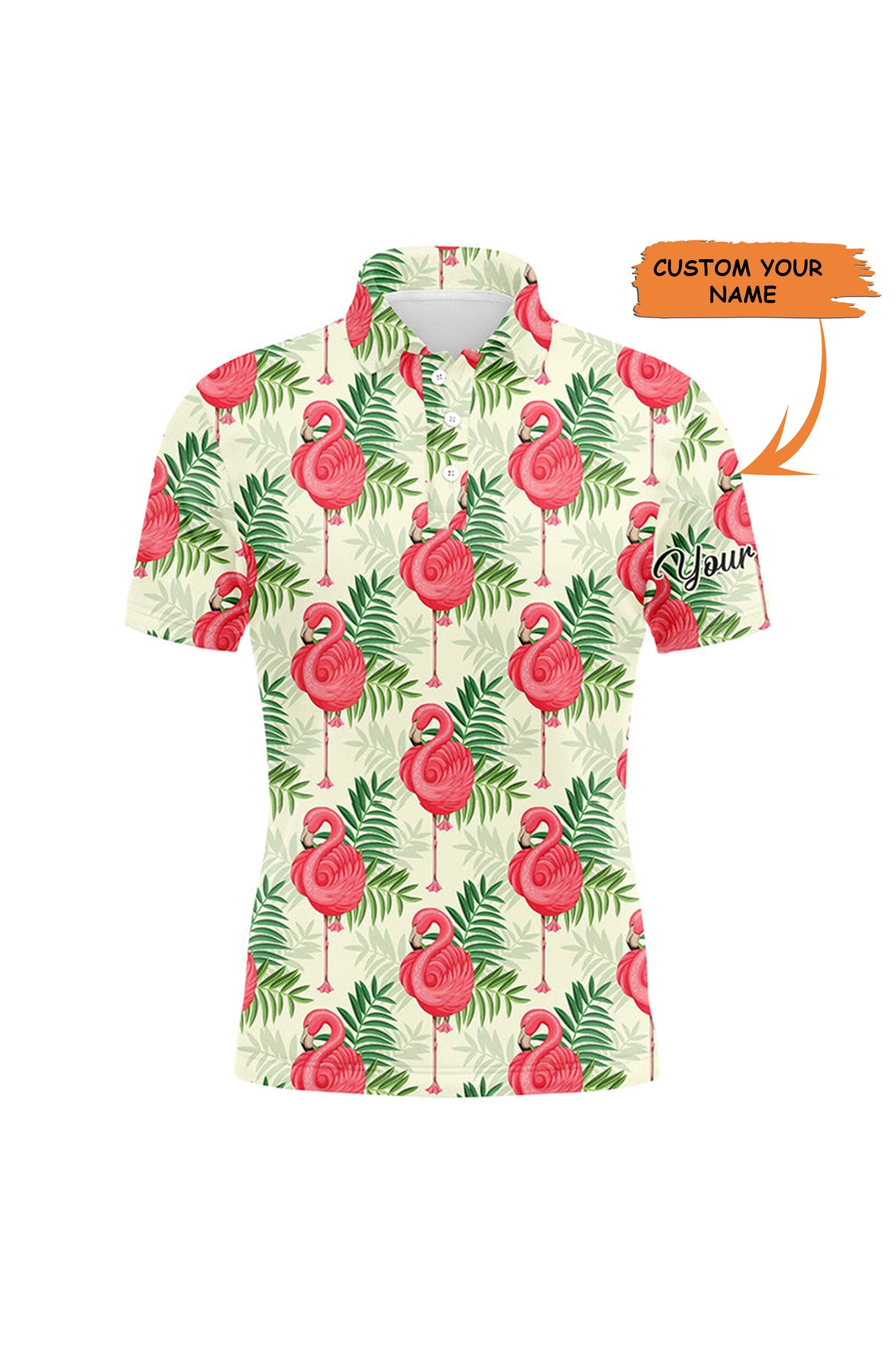 Golf Men Polo Shirt - Custom Name Pink Flamingo Green Tropical Leaf Pattern Apparel - Personalized Gift For Golf Lover, Team, Husband, Boyfriend