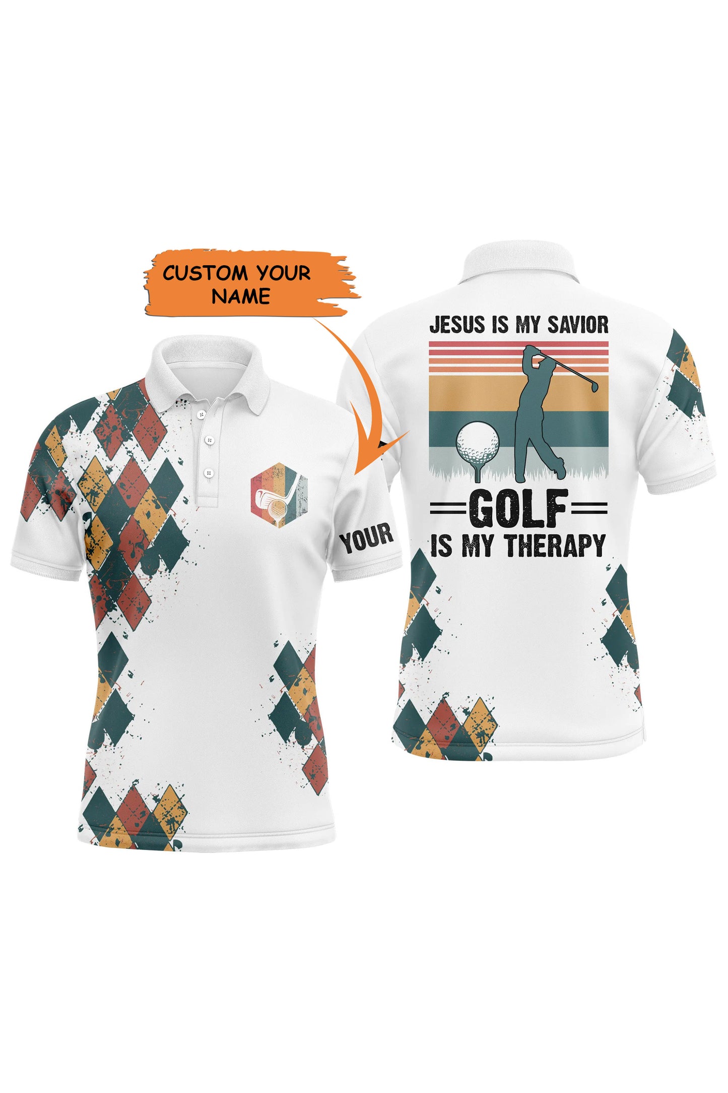 Jesus, Golf Men Polo Shirt - Custom Name Vintage Apparel - Personalized Gift For Golf Lover, Team, Husband - Jesus Is My Savior Golf Is My Therapy