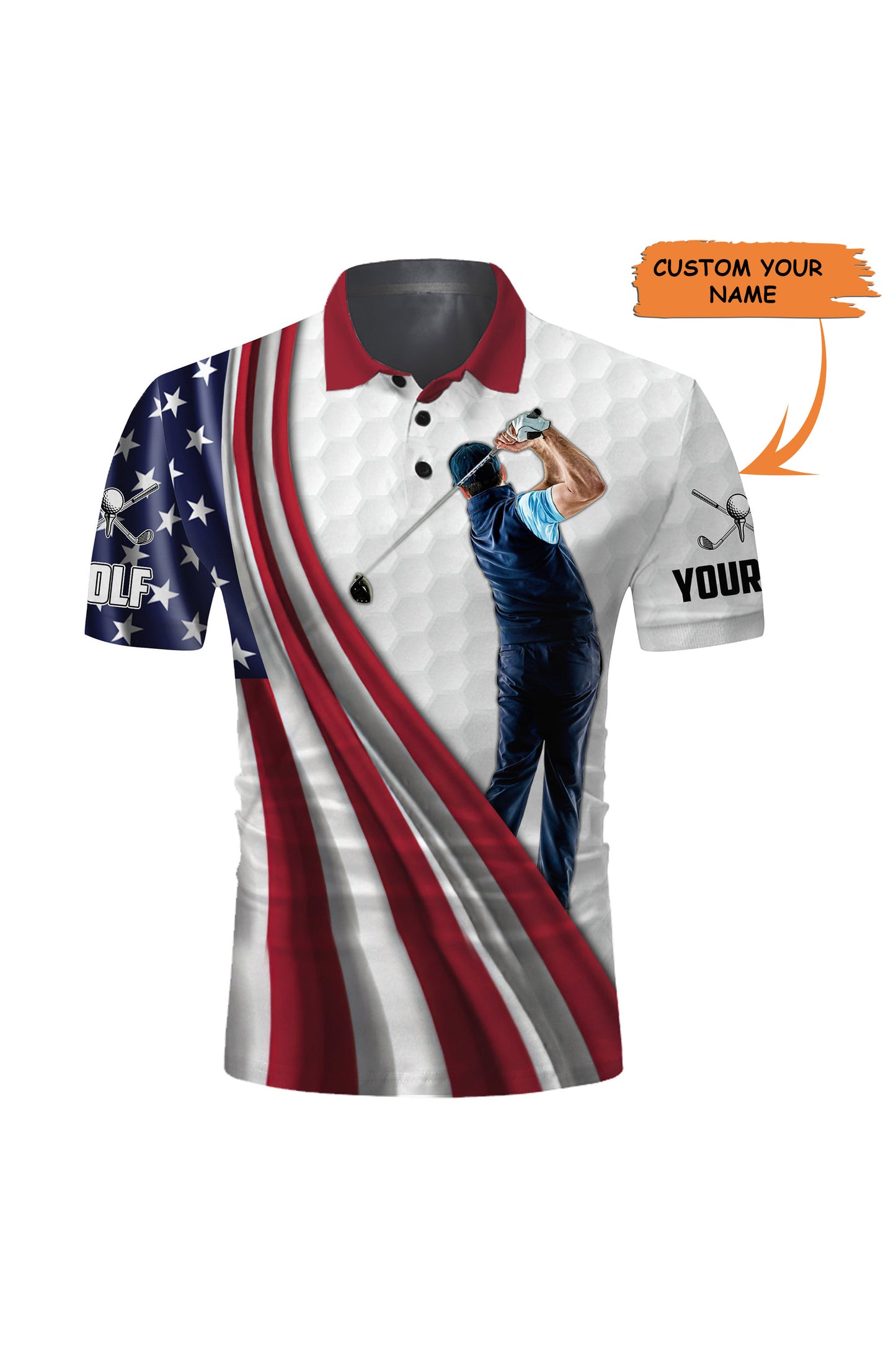 Golf Men Polo Shirt - Custom Name White Golf American Flag 4th July Apparel - Personalized Sports Gift For Golf Lover, Male, Patriotic