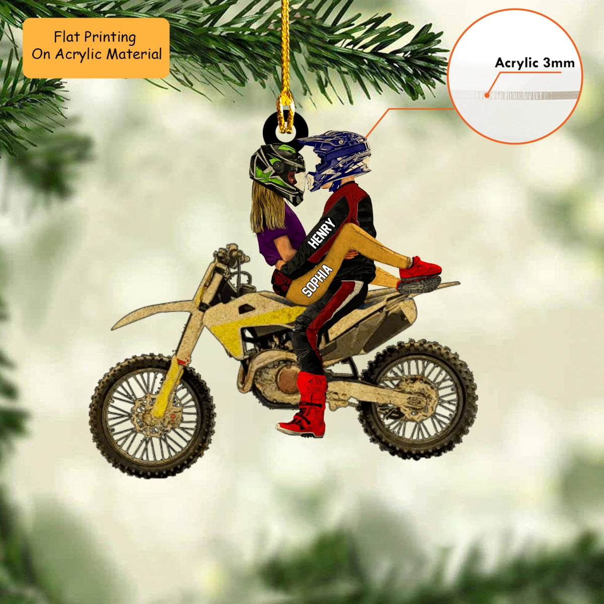 Personalized Couple Hug On Dirt Bike Flat Acrylic Ornament, Meaningful Ornament Gifts For Couple Partners Love Dirt Bike