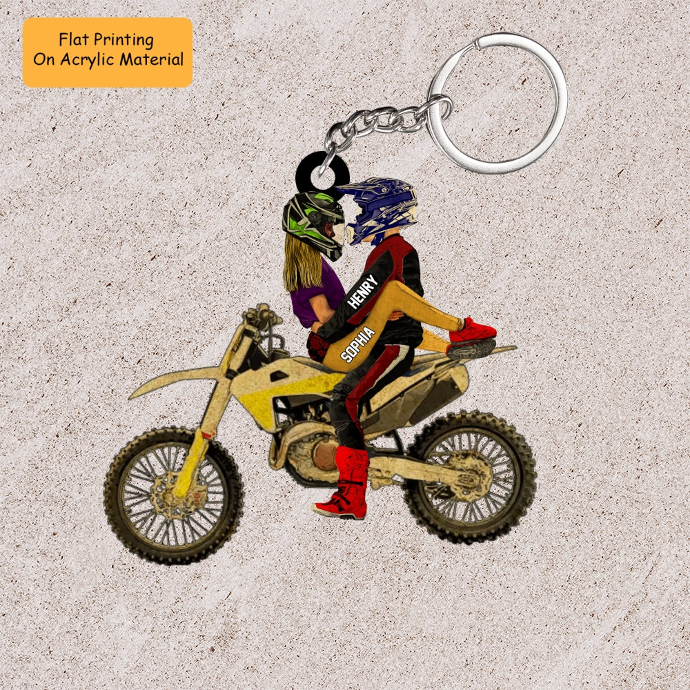Personalized Couple Hug On Dirt Bike Flat Acrylic Ornament, Meaningful Ornament Gifts For Couple Partners Love Dirt Bike