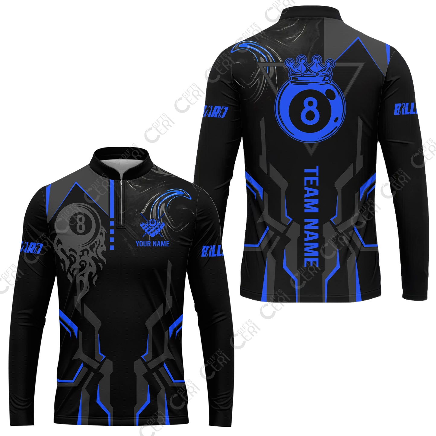 Customized 8 Ball Pool Stand Collar Quarter-Zip Long Sleeve Jersey, 8-Ball Liquid Effect Smoke, Billiard Jerseys