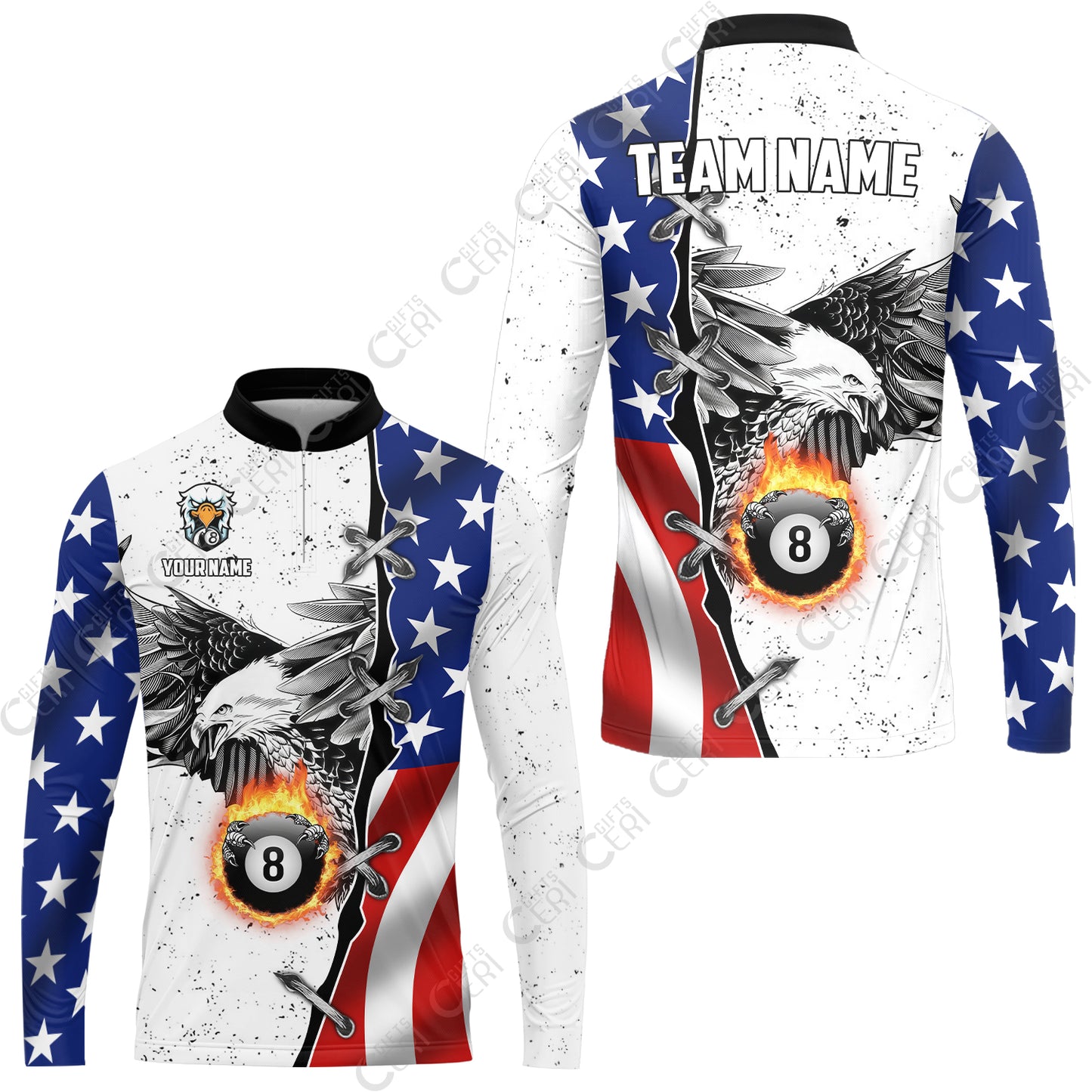 Customized Billiards Stand Collar Quarter-Zip Long Sleeve Jersey, US Flag White Eagle Flame Pin Dust Pattern 8 Ball Jersey