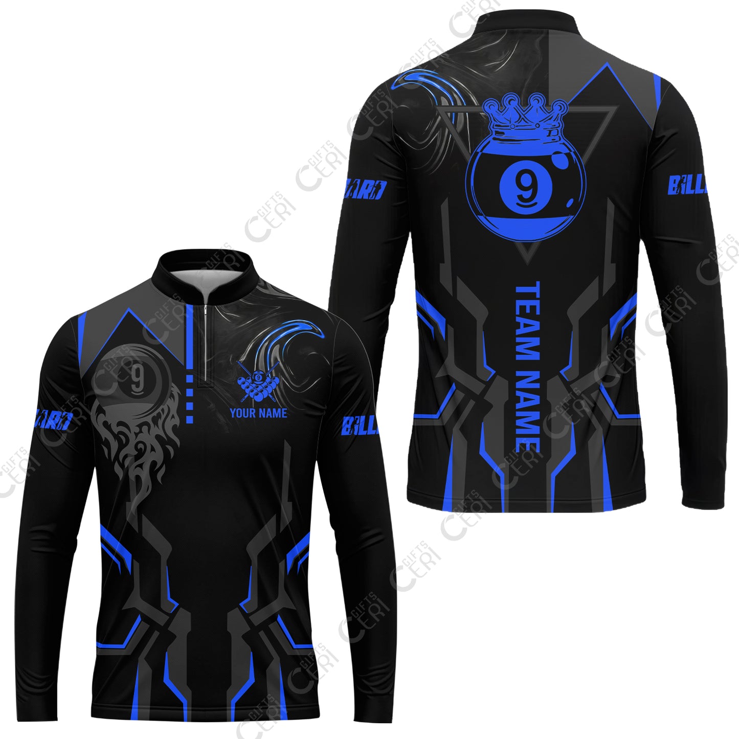 Customized 9 Ball Pool Stand Collar Quarter-Zip Long Sleeve Jersey, 9-Ball Liquid Effect Smoke, Billiard Jerseys