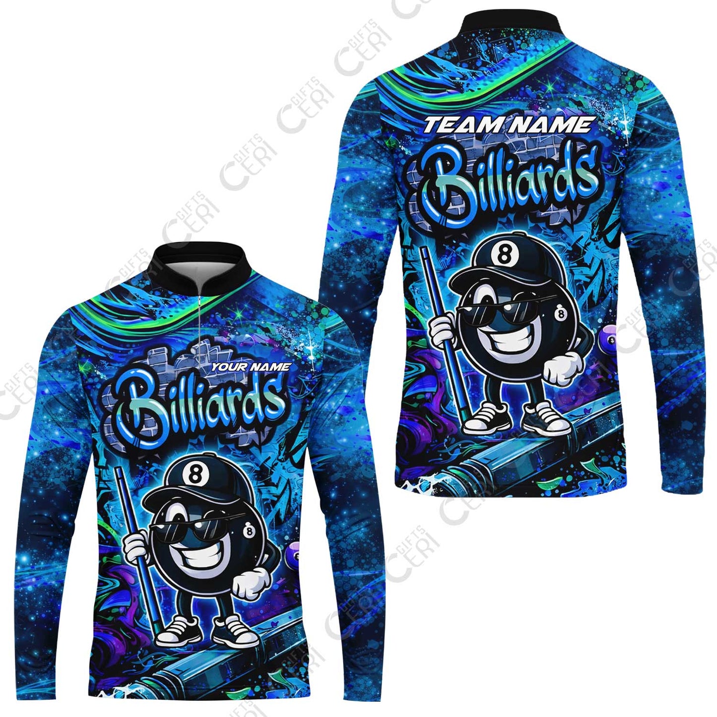 Customized Billiards Stand Collar Quarter-Zip Long Sleeve Jersey, Personalized Street Graffiti 8 Ball Jersey Gift For Billiard Players